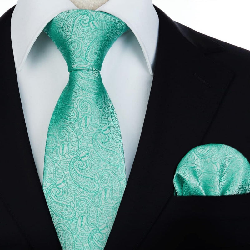 Paisley Extra Long Tie Handkerchief Set - D9-GREEN