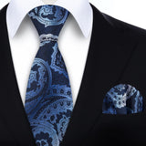 Paisley Extra Long Tie Handkerchief Set - C19-NAVY BLUE