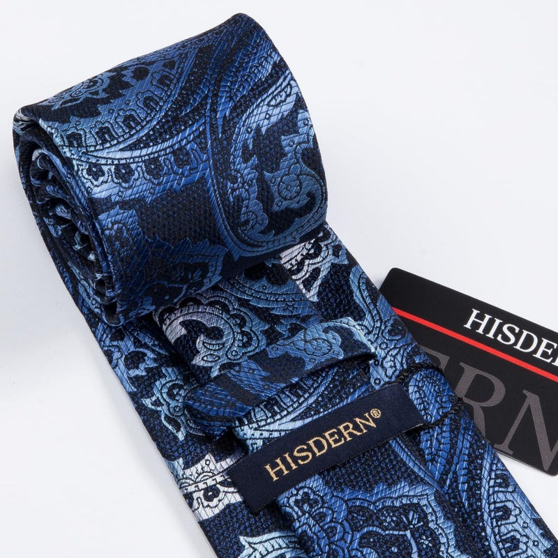 Paisley Extra Long Tie Handkerchief Set - C19-NAVY BLUE