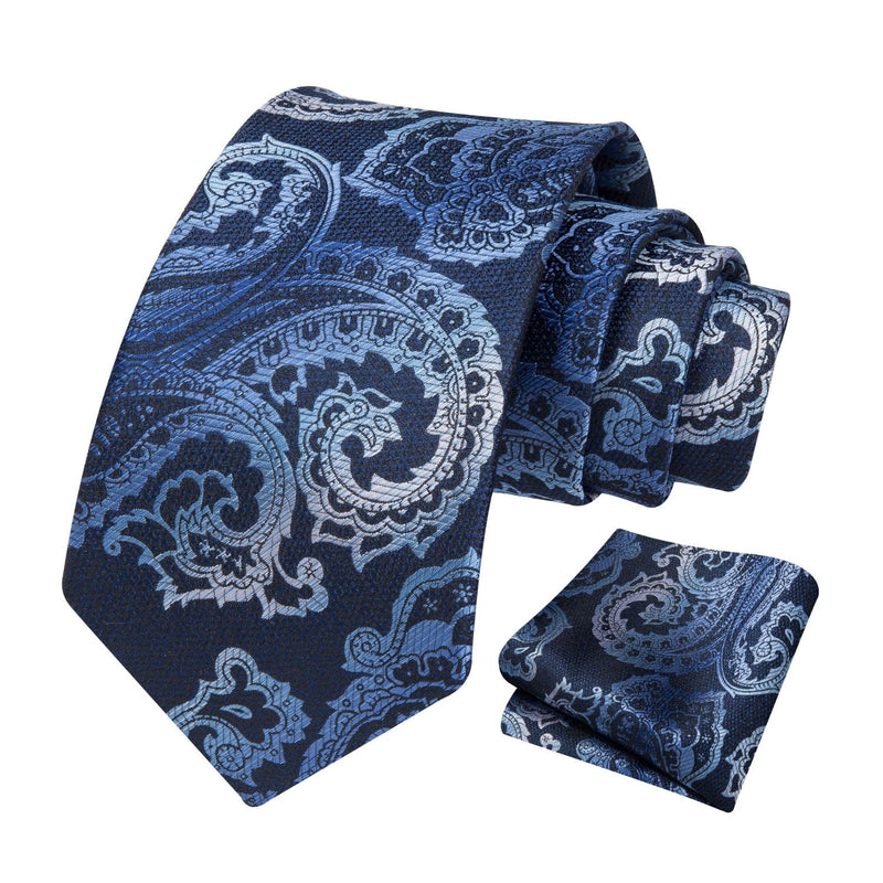 Paisley Extra Long Tie Handkerchief Set - C19-NAVY BLUE