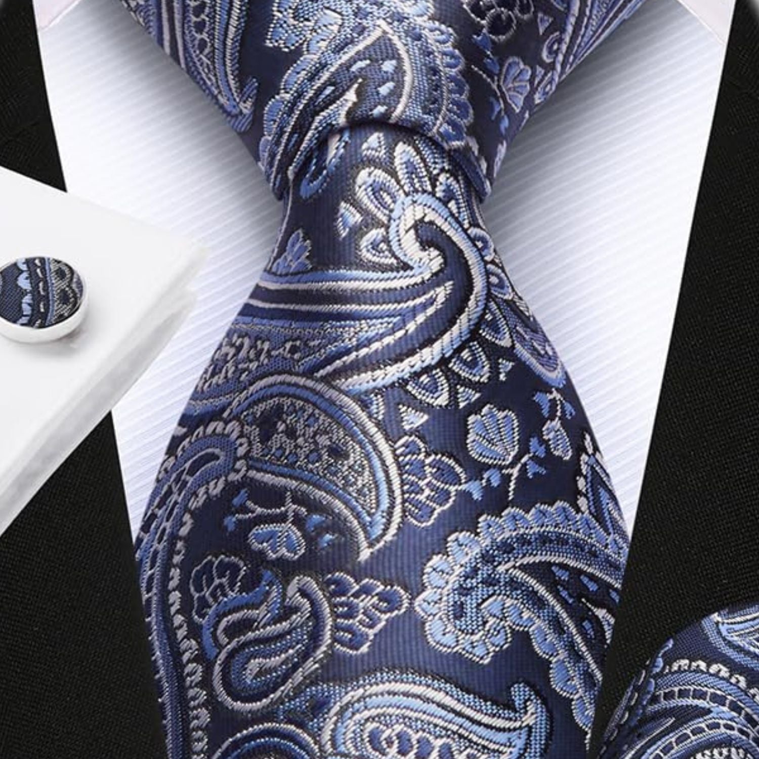 Hisdern Navy Blue 3.15" Paisley Pre-Tied Ties Business Accessories Set with Cufflinks
