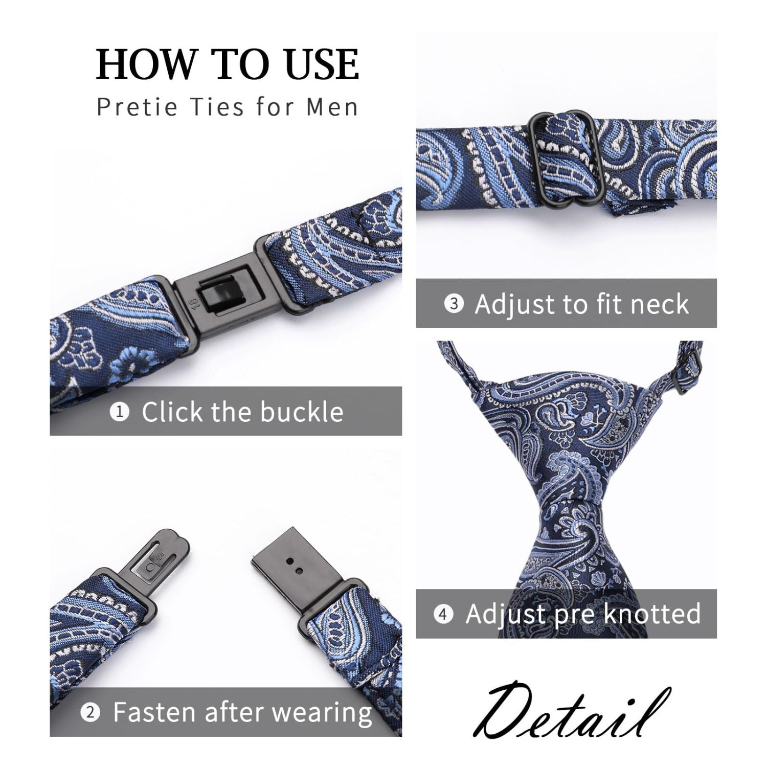 Hisdern Navy Blue 3.15" Paisley Pre-Tied Ties Business Accessories Set with Cufflinks