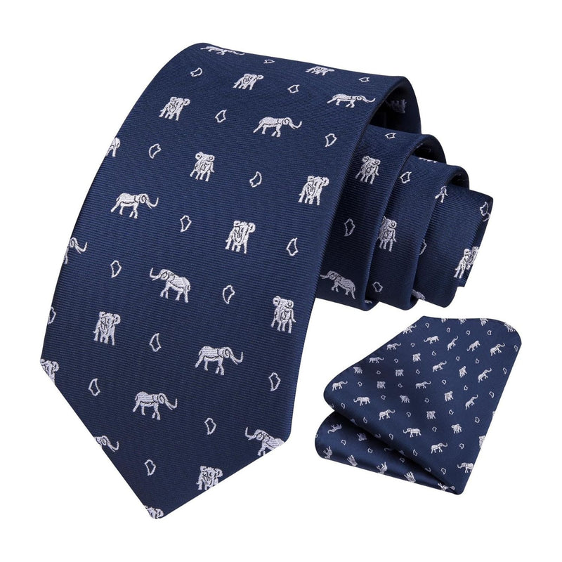 Elephant Tie Handkerchief Set - NAVY BLUE-03