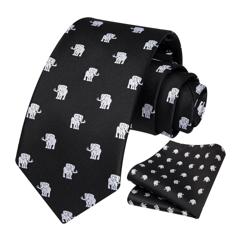 Elephant Tie Handkerchief Set - BLACK/WHITE