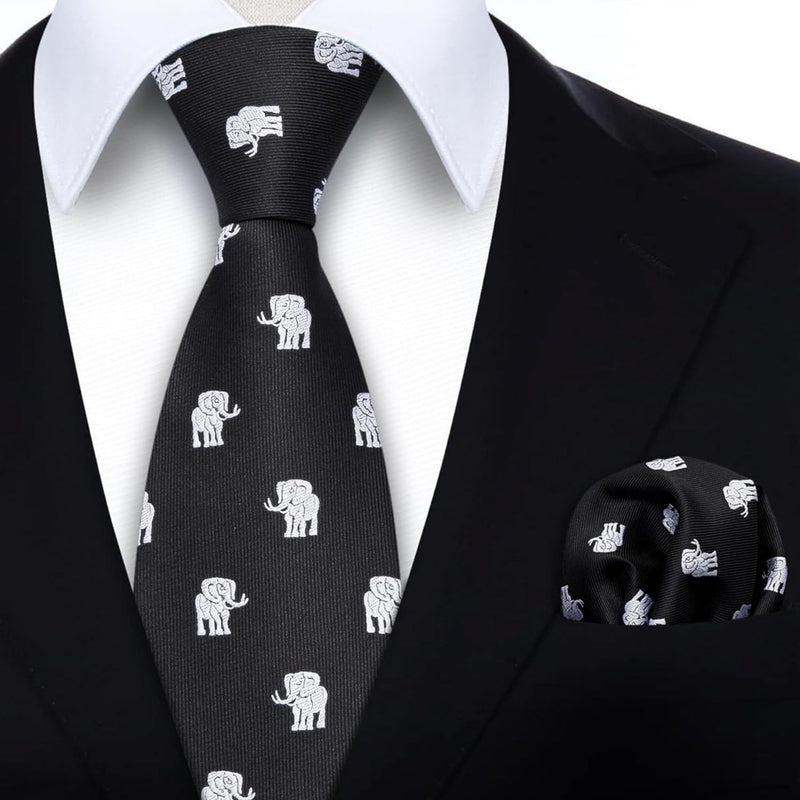 Elephant Tie Handkerchief Set - BLACK/WHITE