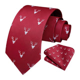 Deer Tie Handkerchief Set - BURGUNDY-02