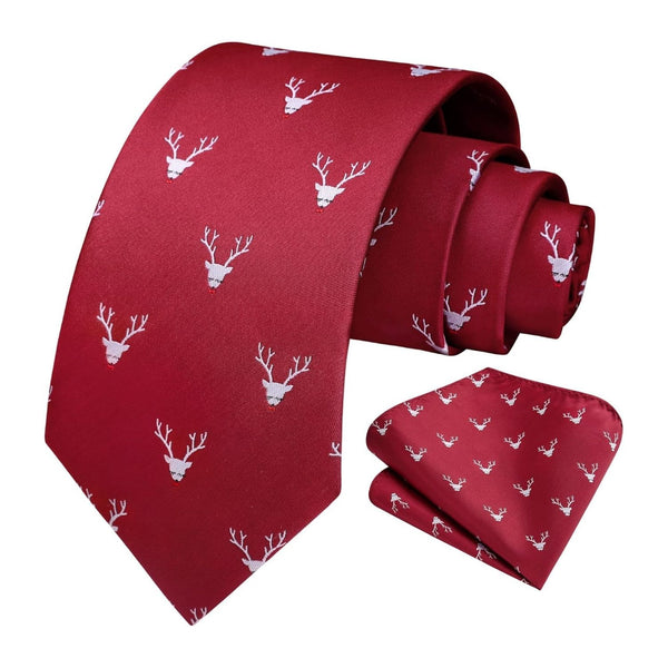Deer Tie Handkerchief Set - BURGUNDY-02