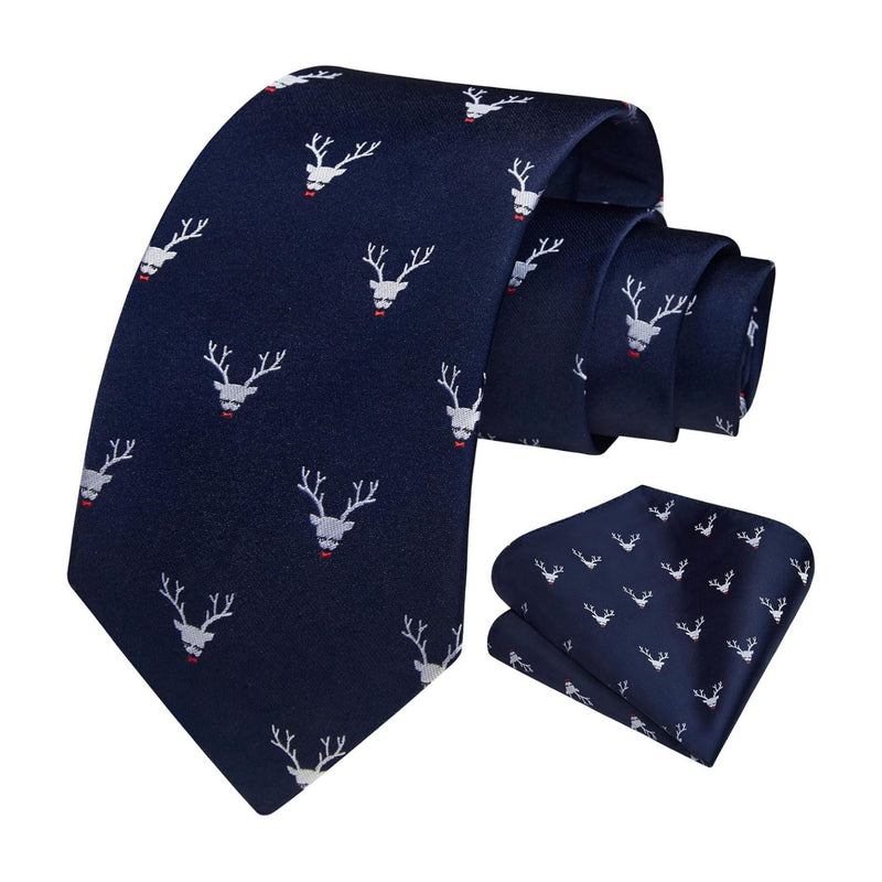 Deer Tie Handkerchief Set - NAVY BLUE-02