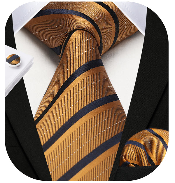 Stripe Tie Handkerchief Cufflinks - 03A-GOLD3 