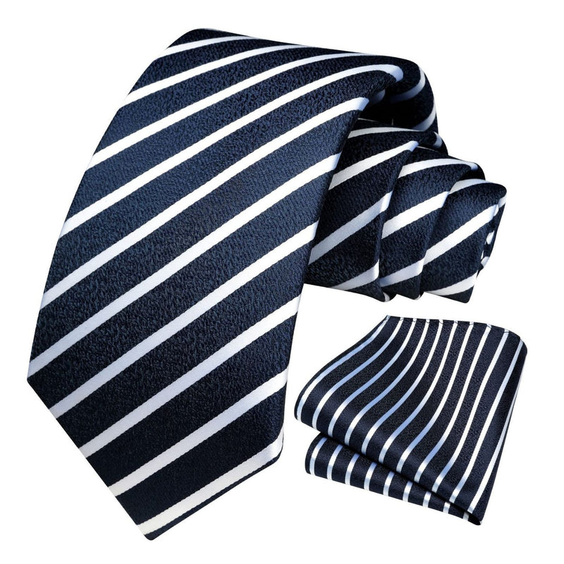 Stripe Tie Handkerchief Set - B-05-NAVY/WHITE