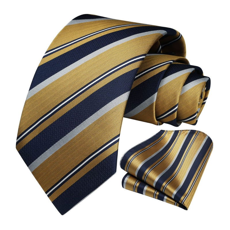 Stripe Tie Handkerchief Set - E-08-YELLOW/NAVY