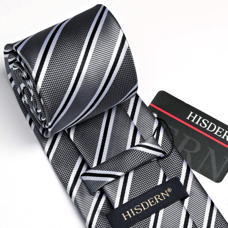 Stripe Tie Handkerchief Set - G-08-SILVER/BLACK