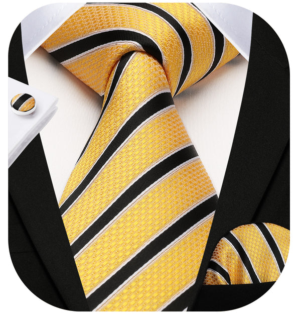 Stripe Tie Handkerchief Cufflinks - 02A-YELLOW 