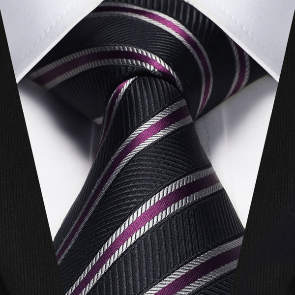 Stripe Tie Handkerchief Set - A-PURPLE/BLACK