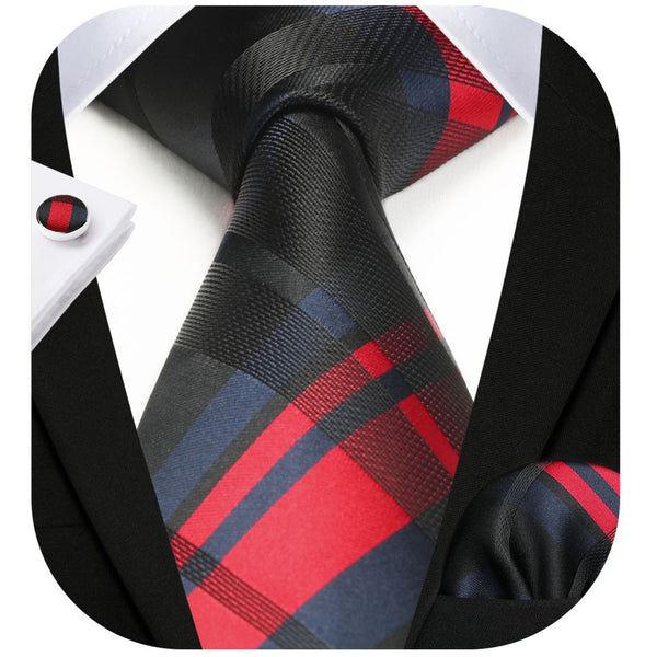 Men's Plaid Tie Handkerchief Cufflinks - 03-BLACK RED