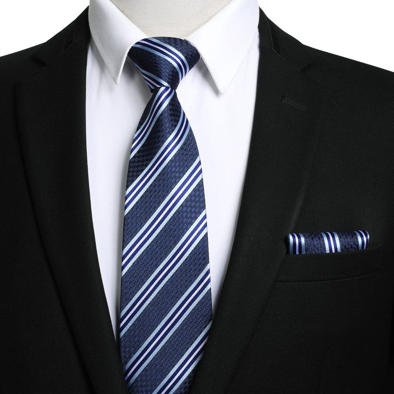 Stripe Tie Handkerchief Set - 13-NAVY BLUE 1
