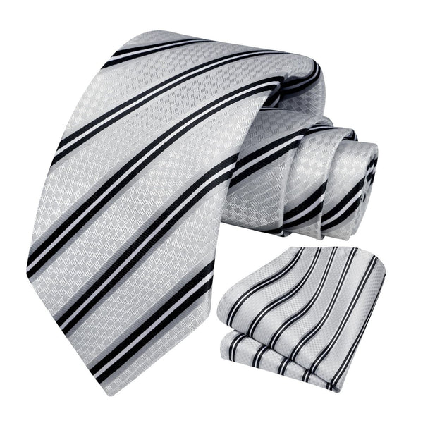 Stripe Tie Handkerchief Set - D-01 WHITE/BLACK