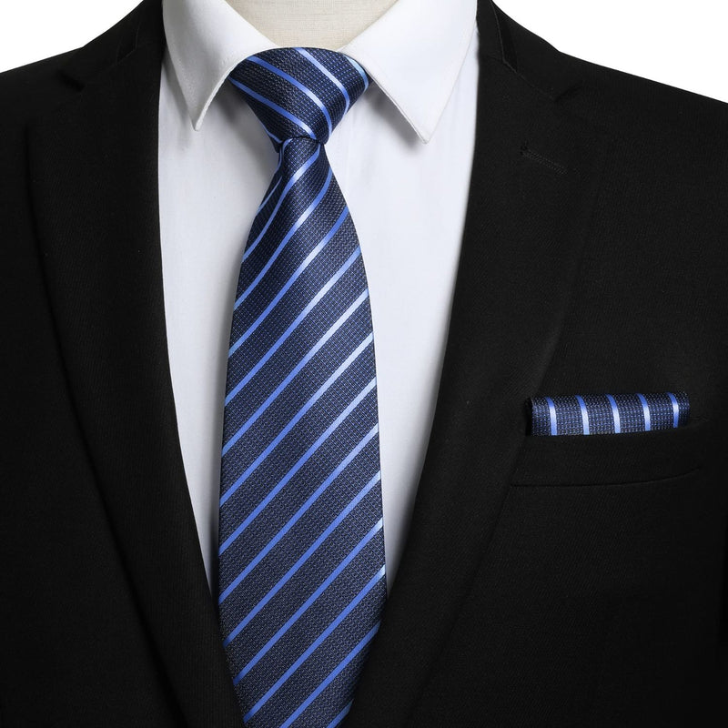 Stripe Tie Handkerchief Set - 13-NAVY BLUE