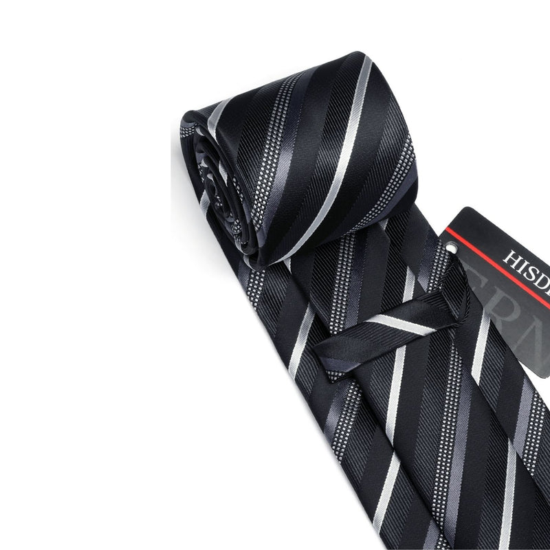 Stripe Tie Handkerchief Set - 17 BLACK