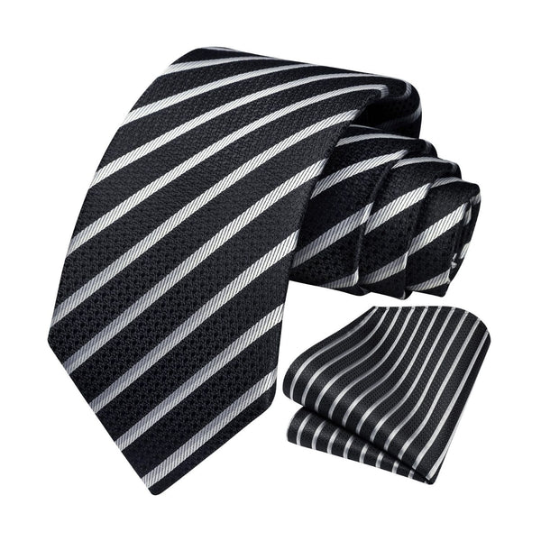 Stripe Tie Handkerchief Set - A-02 BLACK
