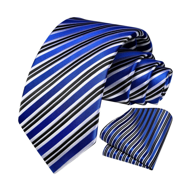 Stripe Tie Handkerchief Set - B-02 BLUE/BLACK