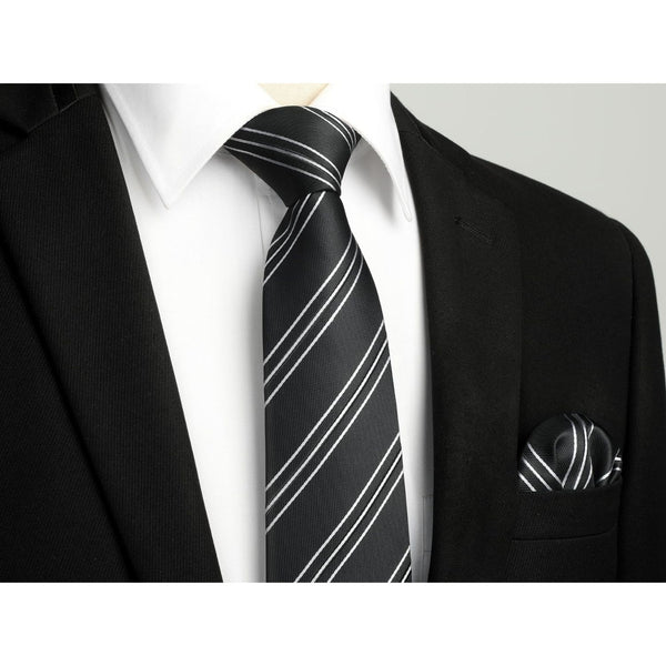 Stripe Tie Handkerchief Set - BLACK/WHITE