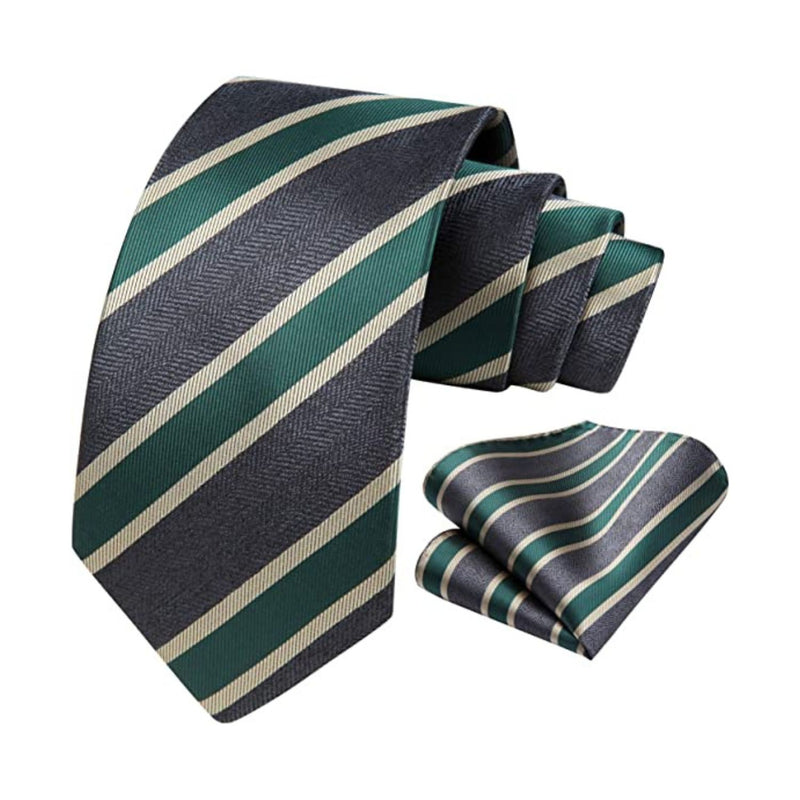 Stripe Tie Handkerchief Set - CHARCOAL/ARMY GREEN/WHEAT