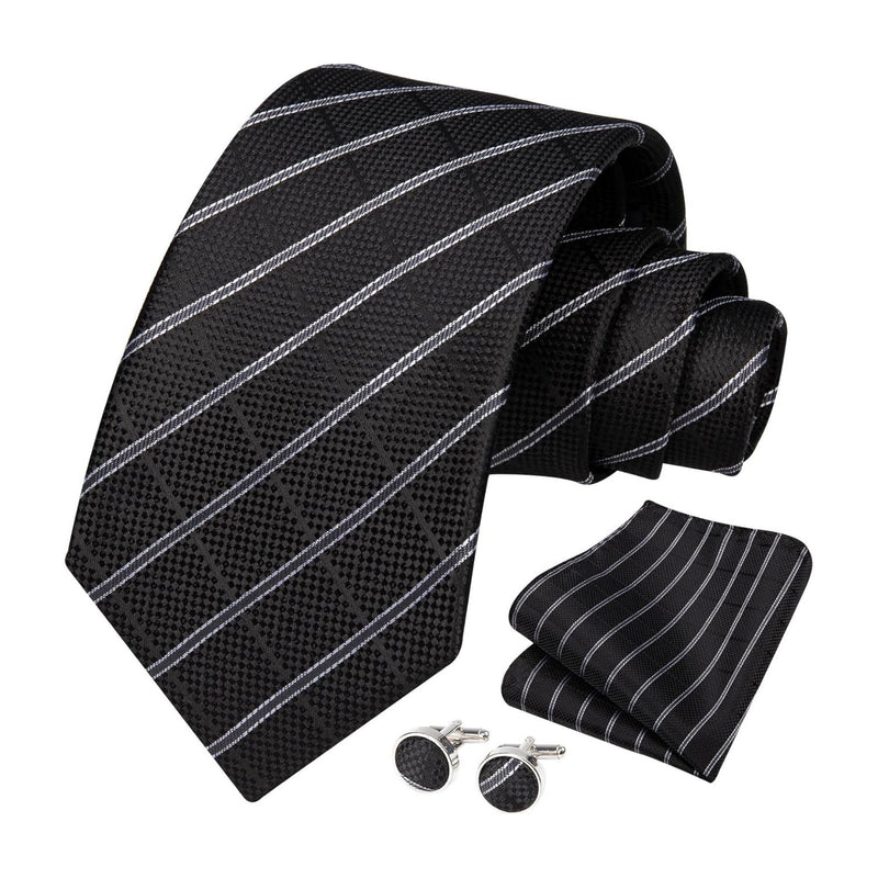 Stripe Tie Handkerchief Cufflinks - 03-BLACK2