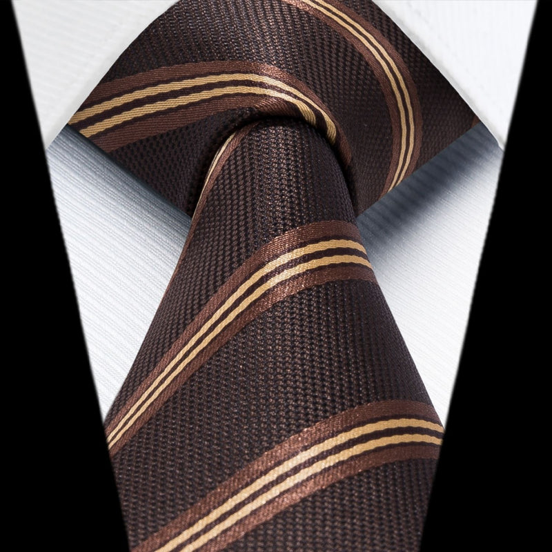 Stripe Tie Handkerchief Set - A-09-BROWN/GOLD