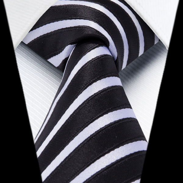 Stripe Tie Handkerchief Set - A-07-BLACK/WHITE