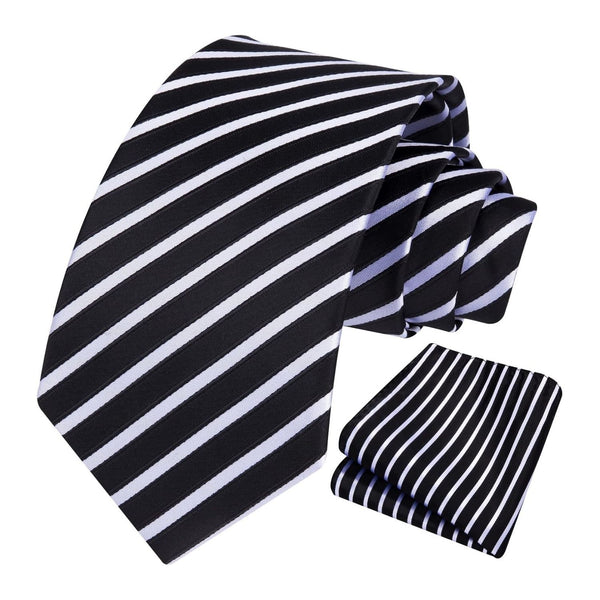 Stripe Tie Handkerchief Set - A-07-BLACK/WHITE