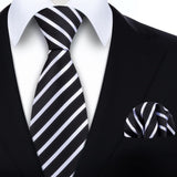 Stripe Tie Handkerchief Set - A-07-BLACK/WHITE