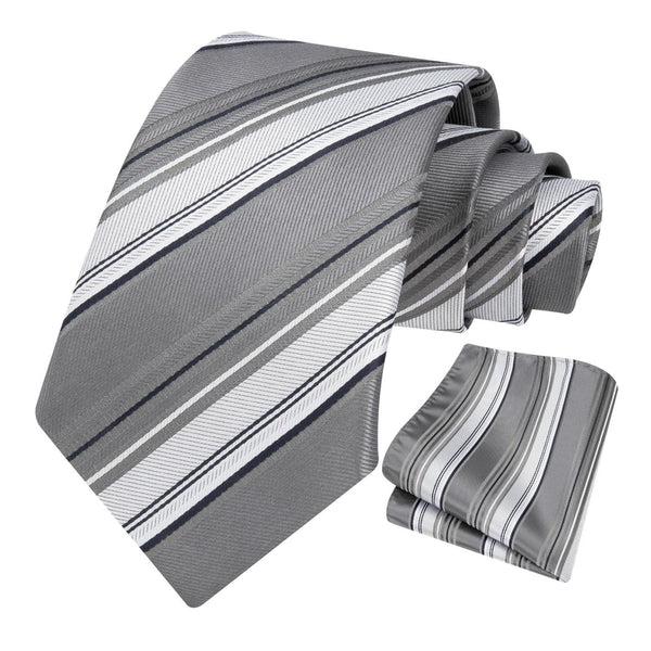 Stripe Tie Handkerchief Set - B-04-BLUE GREY