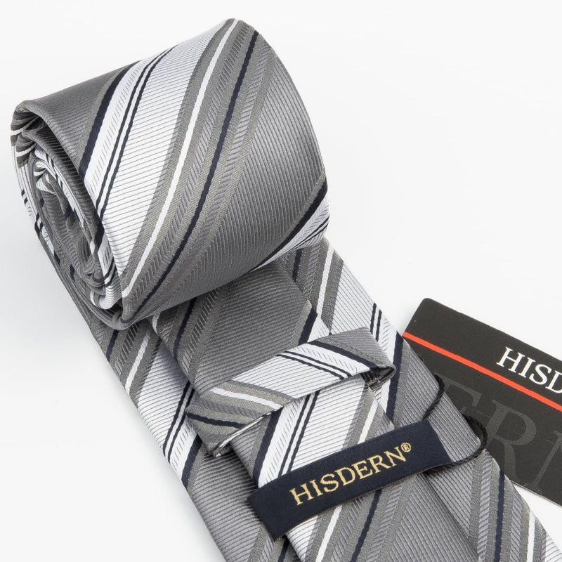 Stripe Tie Handkerchief Set - B-04-BLUE GREY