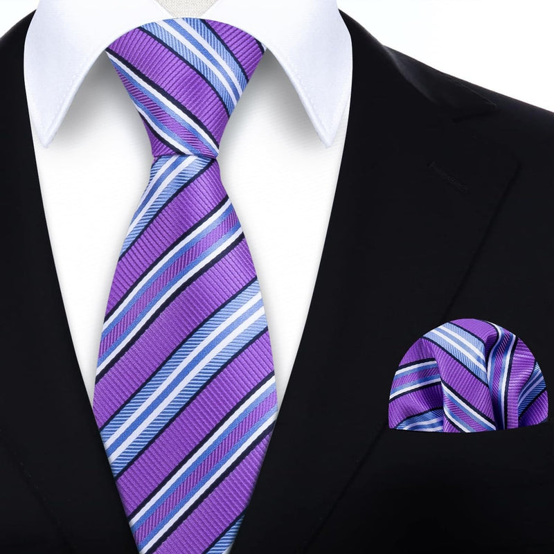 Stripe Tie Handkerchief Set - D-03-PURPLE/BLUE