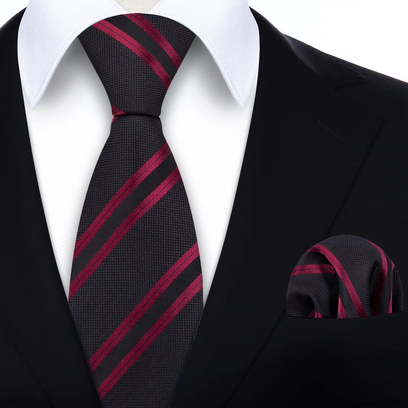 Stripe Tie Handkerchief Set - A-09-BLACK/RED