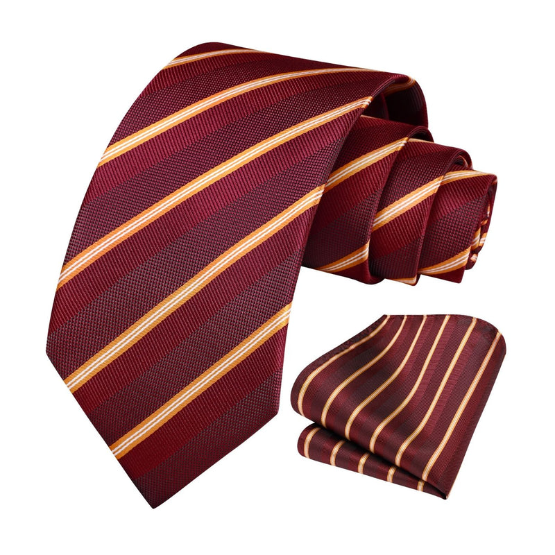 Stripe Tie Handkerchief Set - F-02 RED BURGUNDY