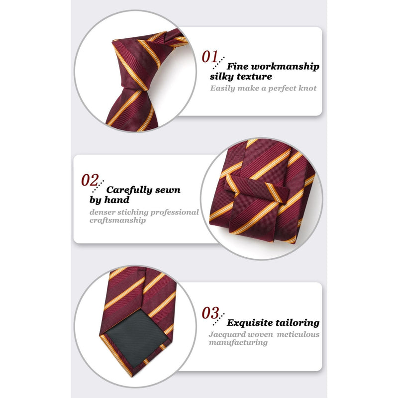 Stripe Tie Handkerchief Set - F-02 RED BURGUNDY