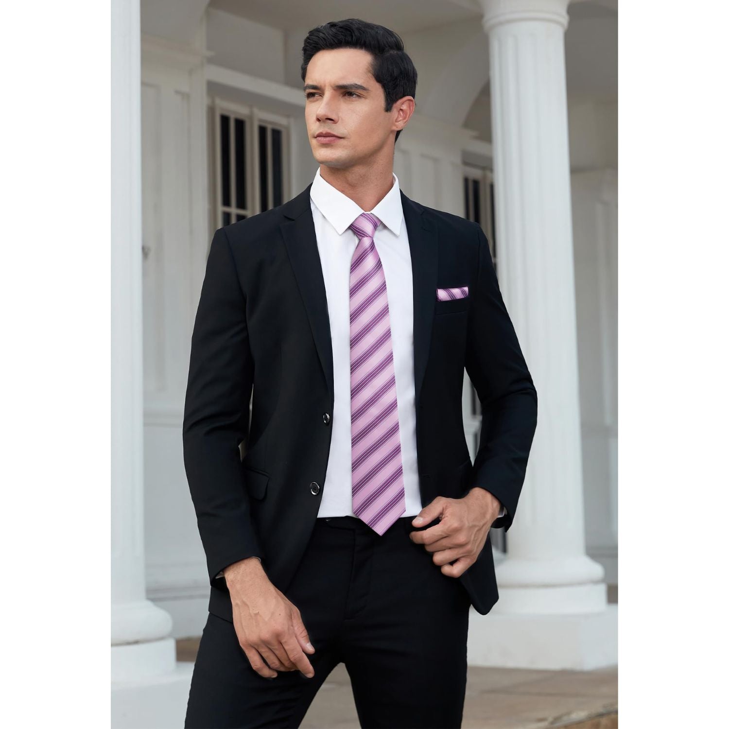 Hisdern Pink 2 Striped Wedding Accessories Set with Cufflinks