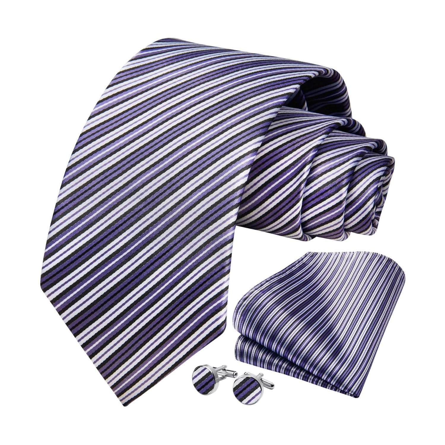 Hisdern Purple Striped Wedding Accessories Set with Cufflinks