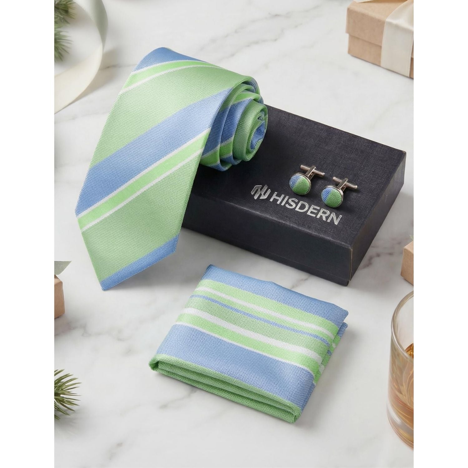 Hisdern Sage Green Blue Striped Business Accessories Set with Cufflinks