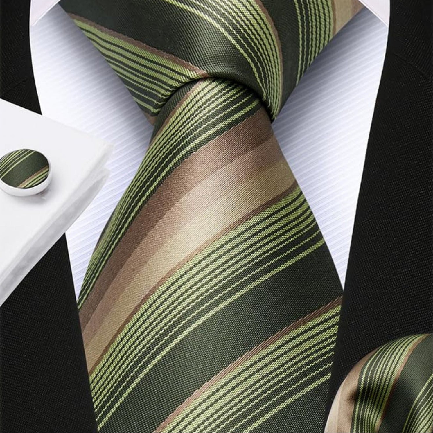 Hisdern Green Brown Striped Business Accessories Set with Cufflinks