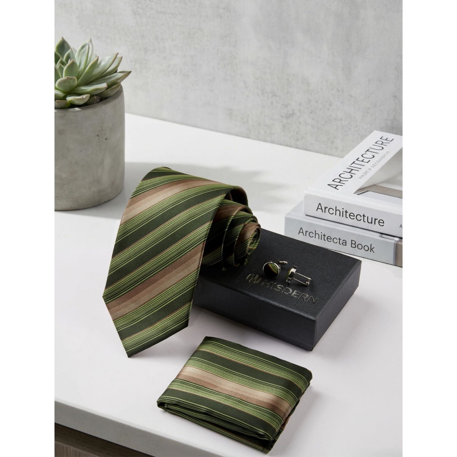 Hisdern Green Brown Striped Business Accessories Set with Cufflinks