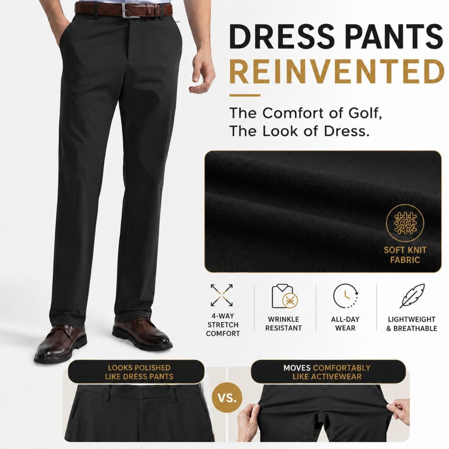 Hisdern Flex 501 Men's Golf Pants Classic Fit Stretch for Golf Business