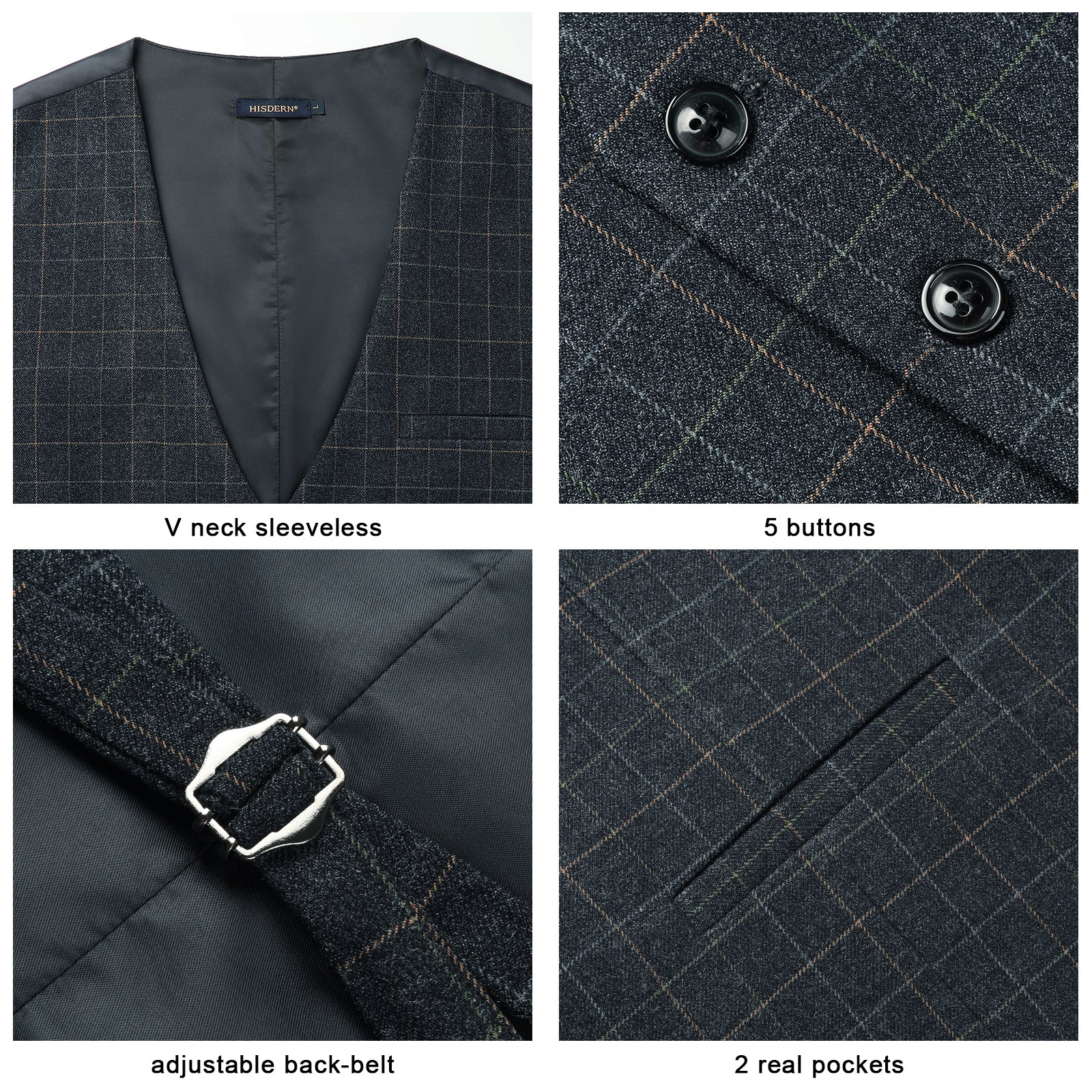 Plaid Slim Vest - A-DARK BLACK