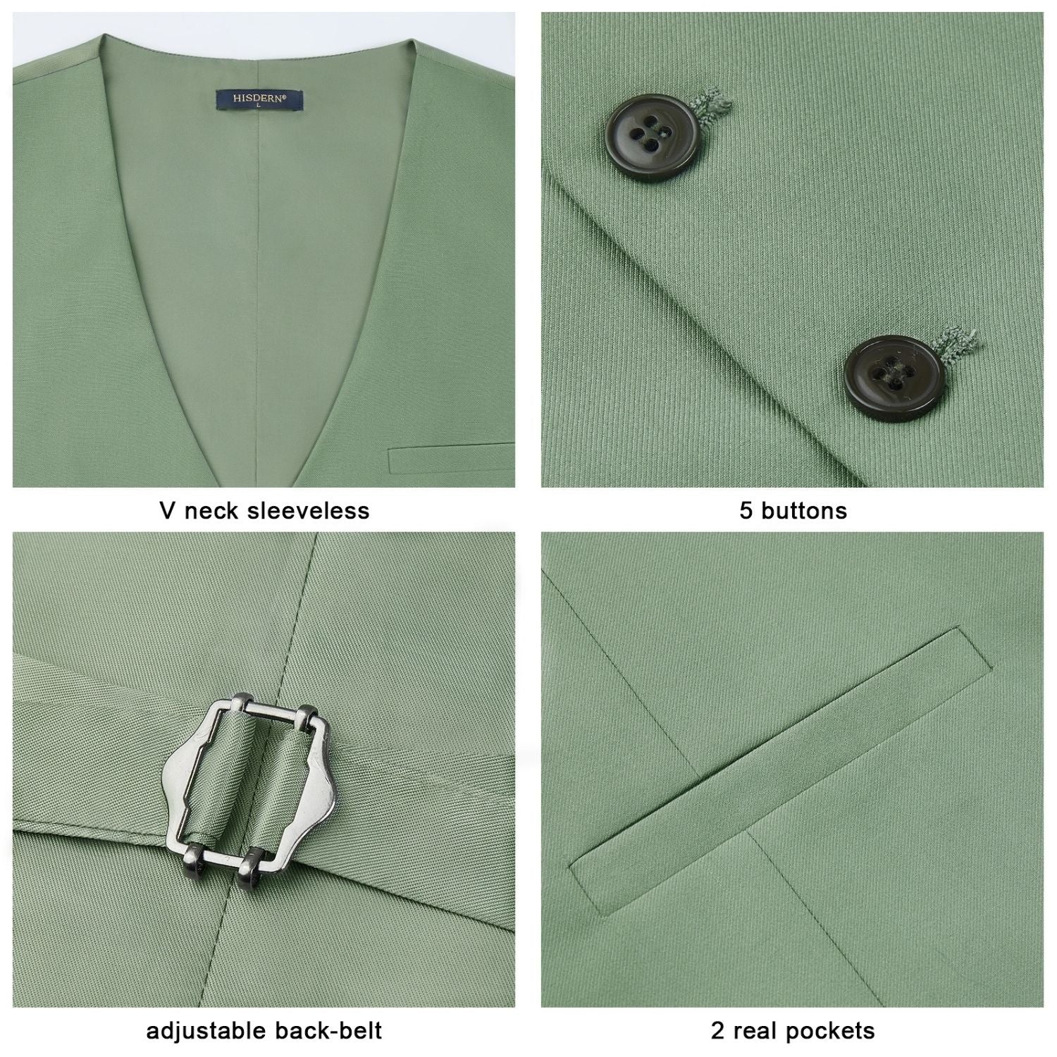 Hisdern Men's Light Green Solid Wedding Vest For Skinny Guys