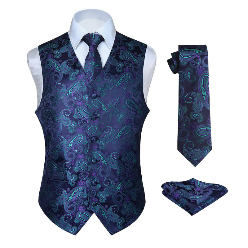 Paisley Suit Vest Tie Handkerchief Set - PURPLE & GREEN