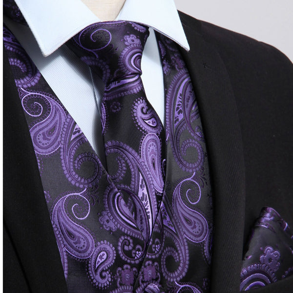 Paisley Suit Vest Tie Handkerchief Set - PURPLE & BLACK