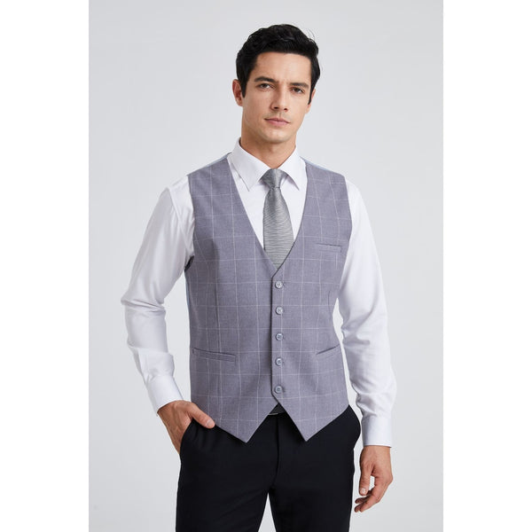 Plaid Slim Suit Vest - A-GREY LIGHT