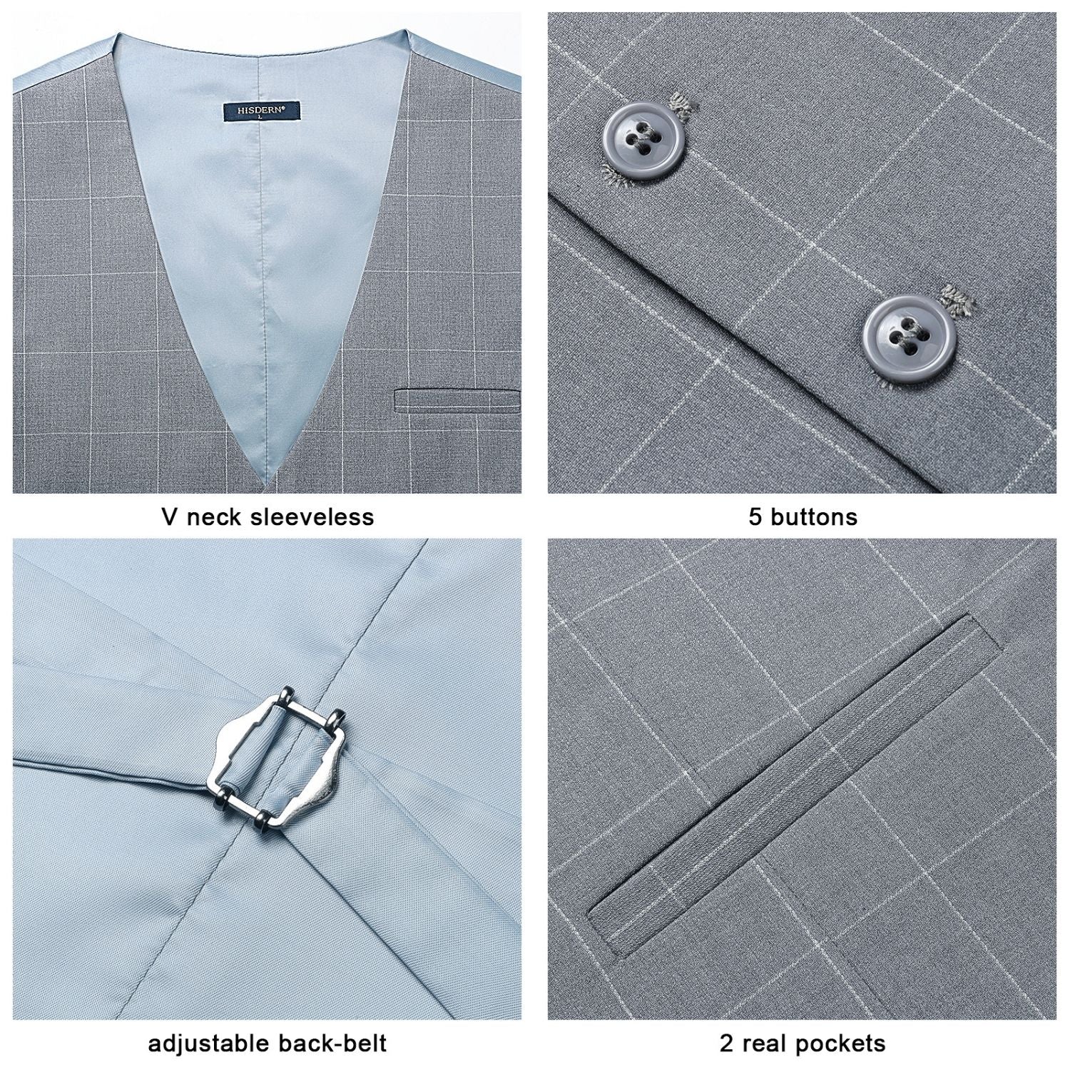 Hisdern Men's Grey Light Plaid Wedding Vest For Skinny Guys